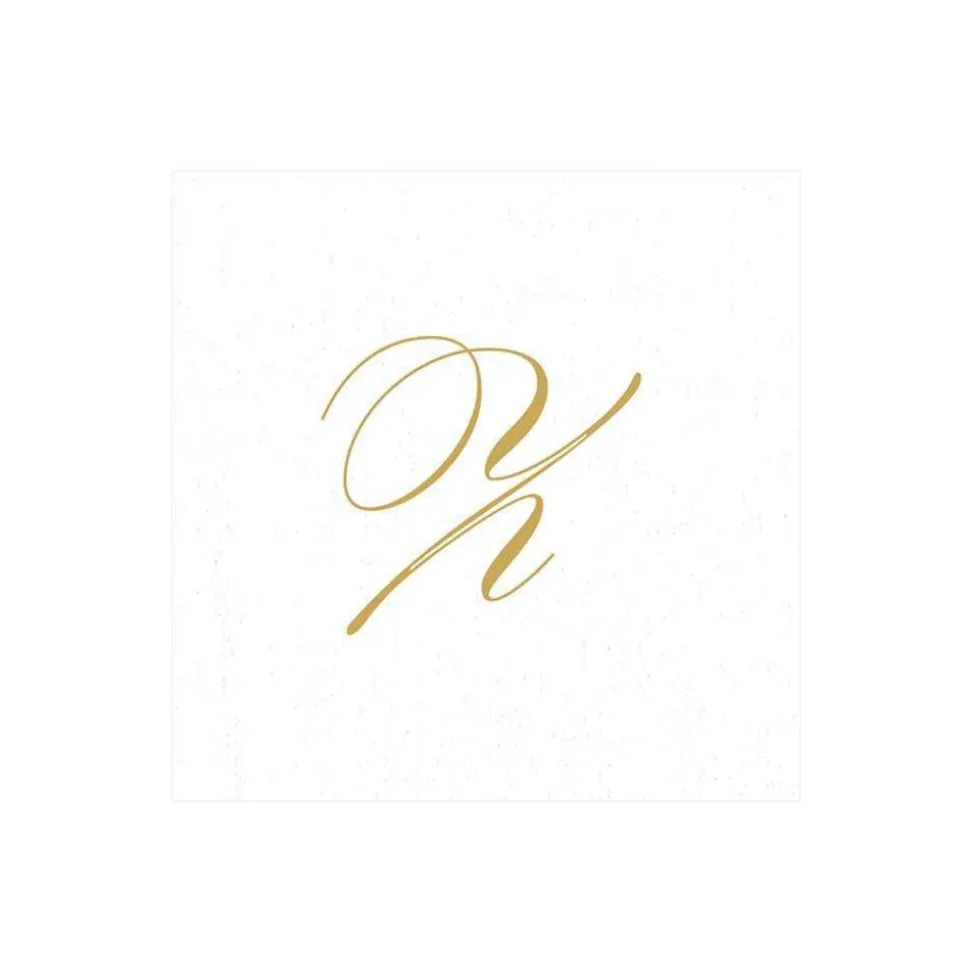 White Pearl & Gold Paper Linen Single Initial Boxed Cocktail Napkins - 30 Per Box