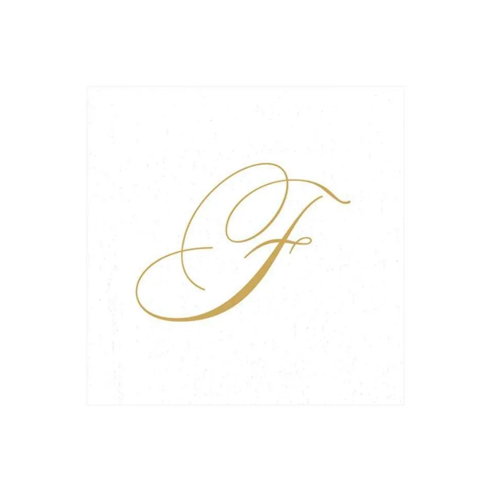 White Pearl & Gold Paper Linen Single Initial Boxed Cocktail Napkins - 30 Per Box
