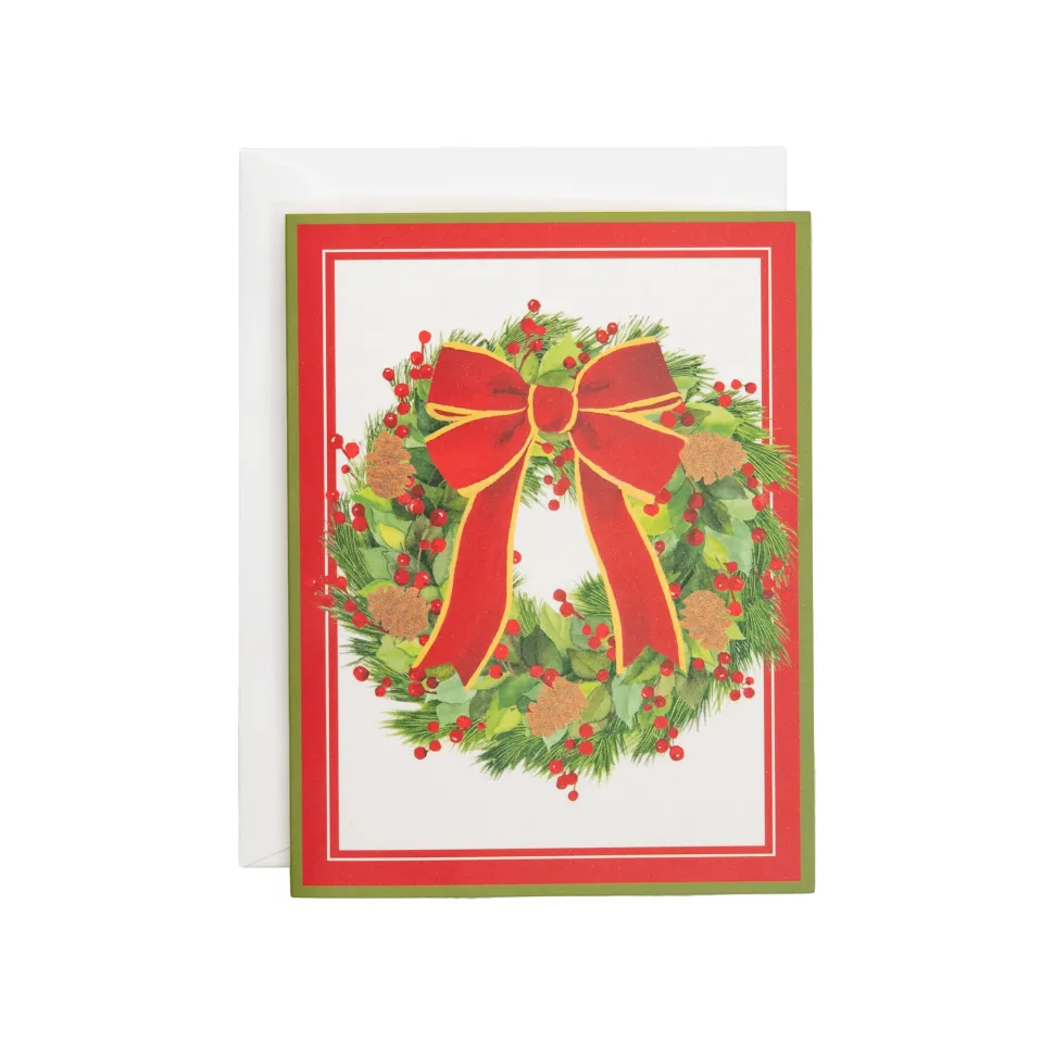 White Pine And Red Bow Wreath Classic Boxed Christmas Cards - includes 15 cards & envelopes