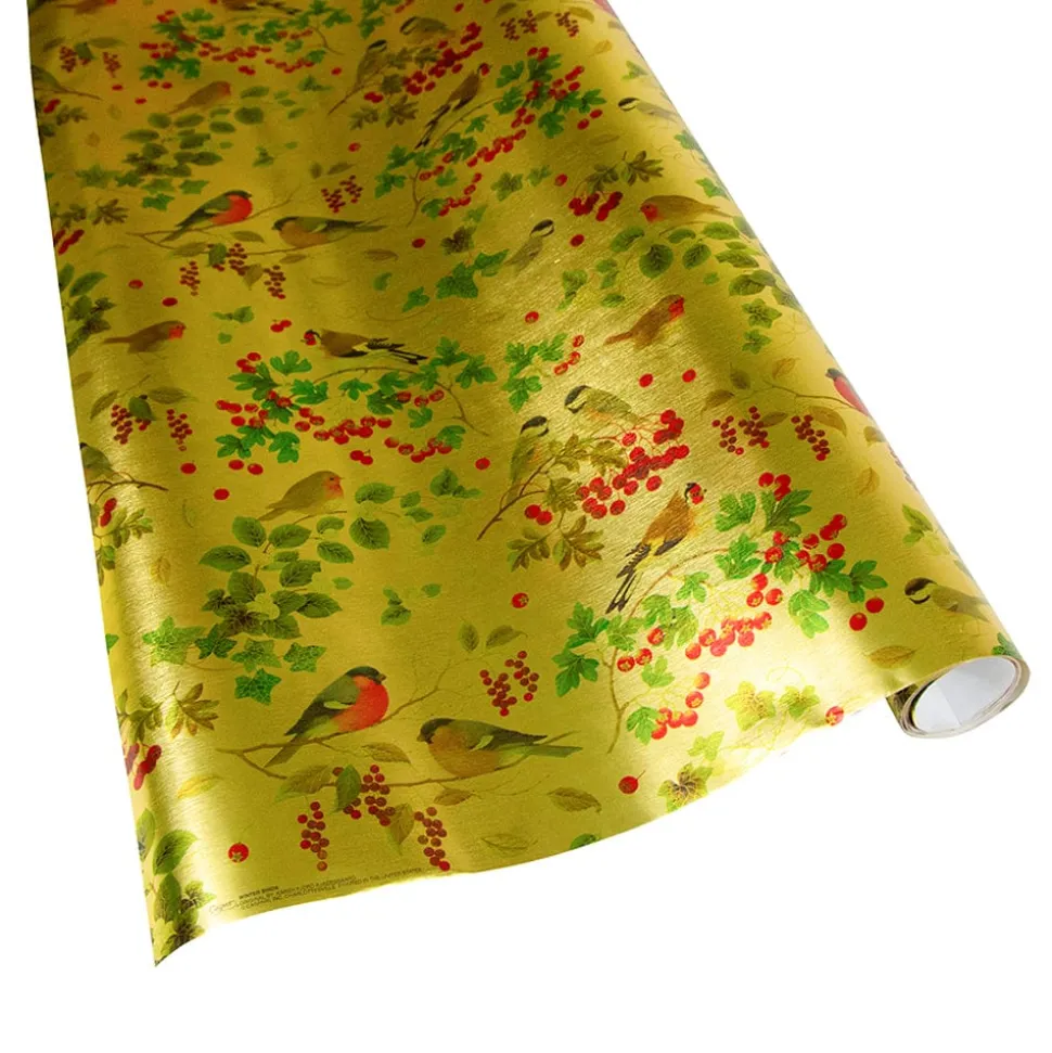 Winter Birds Gold Embossed Foil Gift Wrap - One 30" x 6' Roll